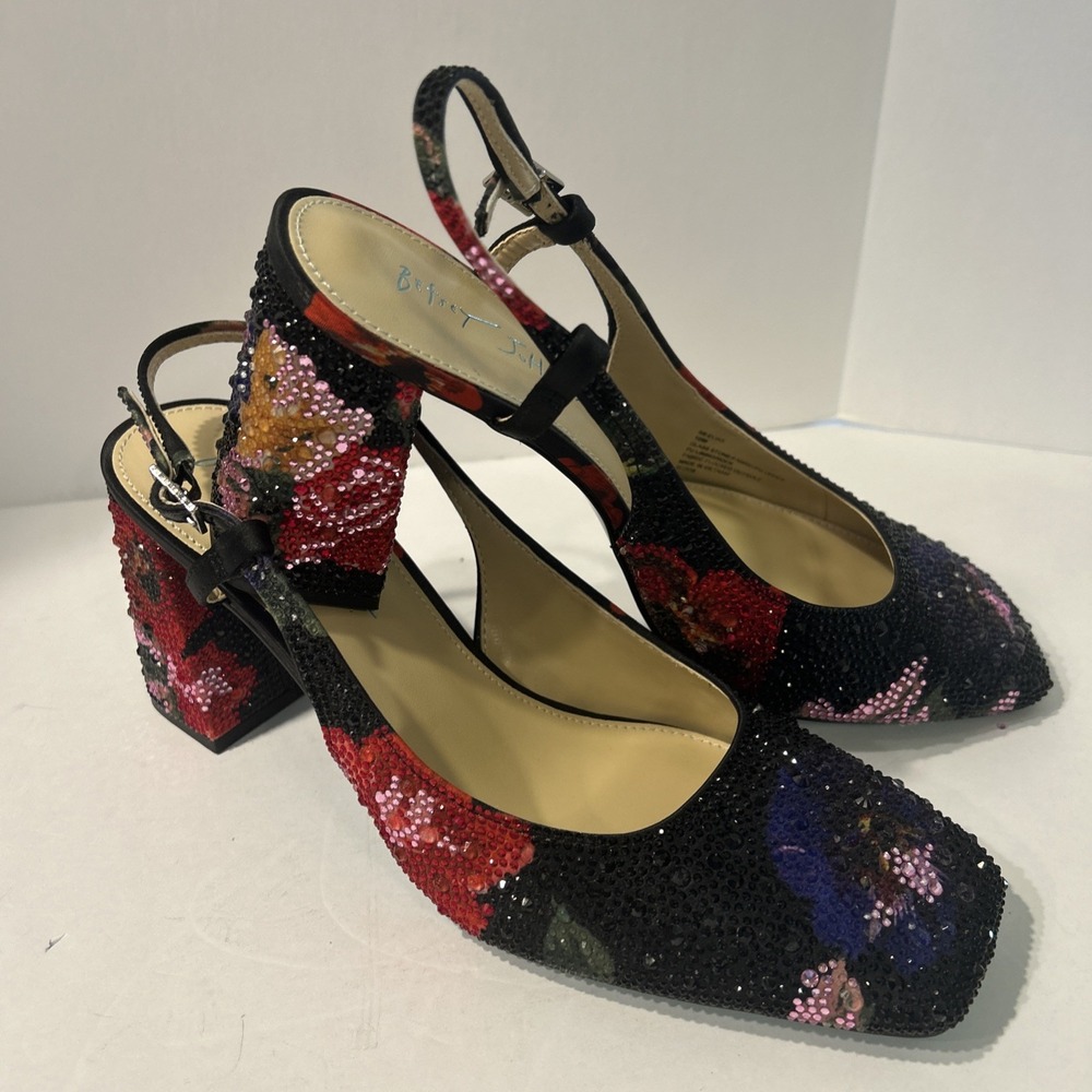 Betsey Johnson Women's Black Multi Floral Rhinestone Heels Size 10 NEW IN BOX